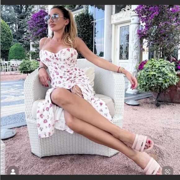 Zara Linen Floral Bustier Eyelet Smocked Midi Dress Size Large - Picture 12 of 12